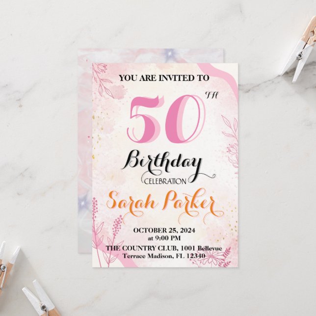 Invitación plana, cumpleaños número 50 (Anverso/Reverso In Situ)