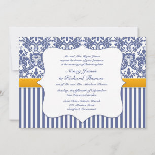 Invitación plana de casamiento con damasco azul