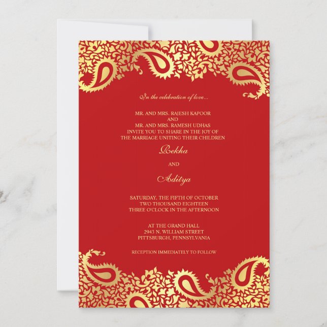 Invitación plana de la boda roja de Paisleys (Anverso)
