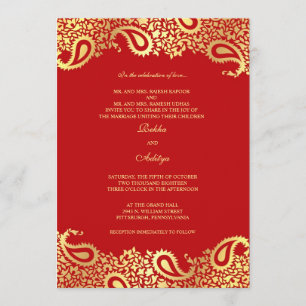 Invitación plana de la boda roja de Paisleys