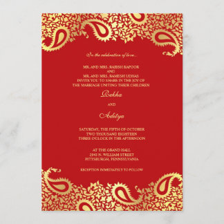 Invitación plana de la boda roja de Paisleys