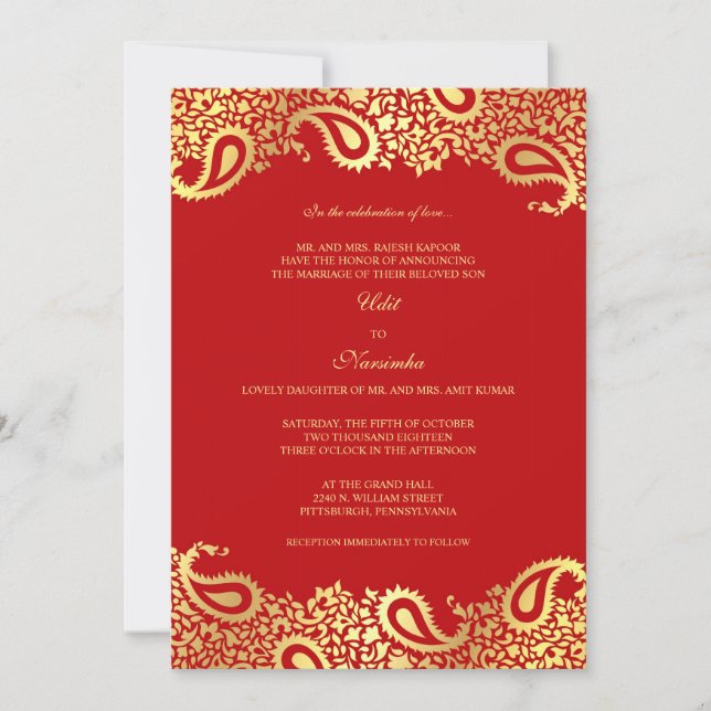 Invitación plana de la boda roja de Paisleys (Anverso)