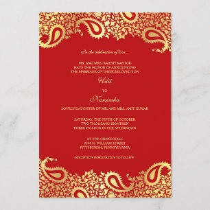 Invitación plana de la boda roja de Paisleys