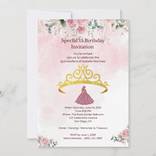 Invitación plana de quinceañera floral rosa (Anverso)