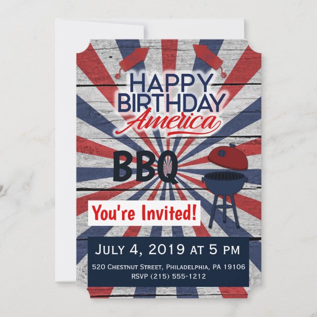 Invitación plana del 4 de julio BBQ Happy Birday A (Anverso)