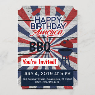 Invitación plana del 4 de julio BBQ Happy Birday A