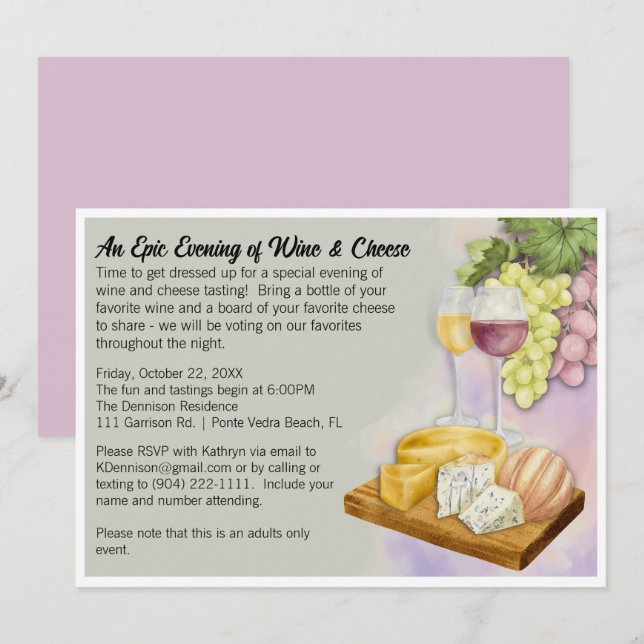 Invitación plana Fiesta de vino y queso (Anverso / Reverso)