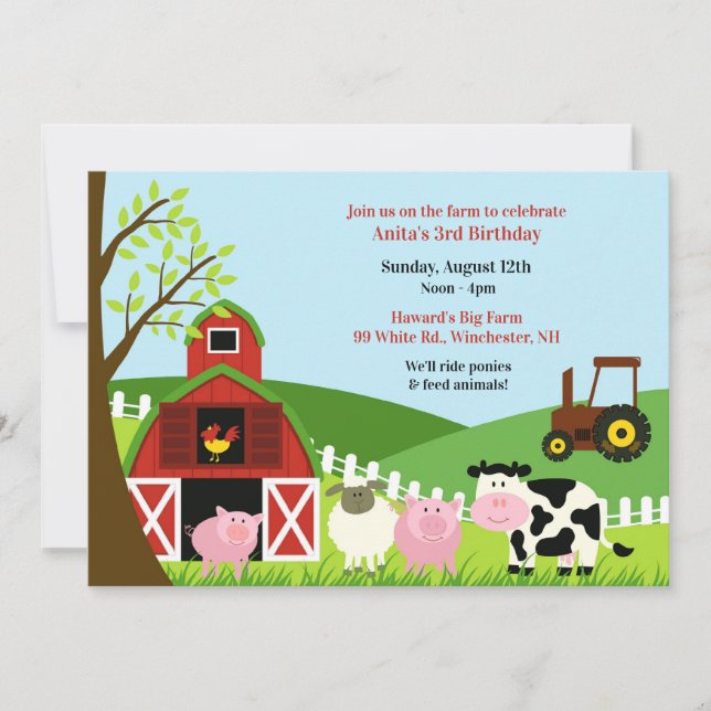 Invitación plana para animales de granja de cumple (Anverso)