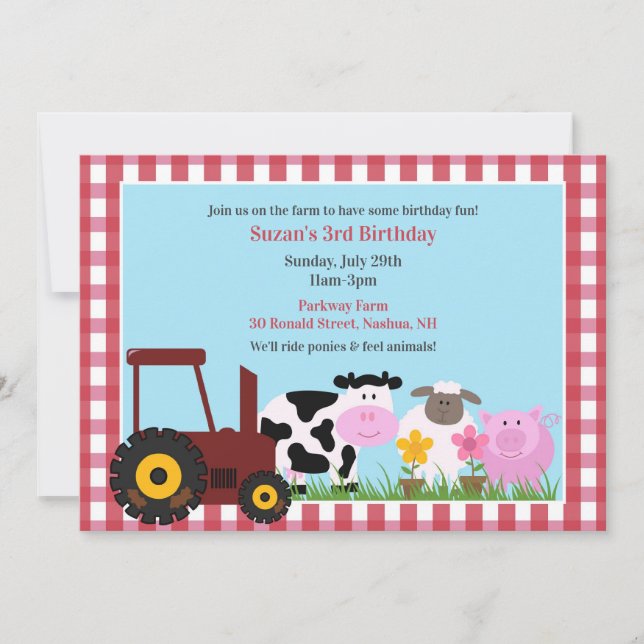 Invitación plana para animales de granja de cumple (Anverso)