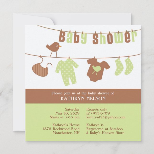 Invitación plana verde neutra de Baby Shower (Anverso)