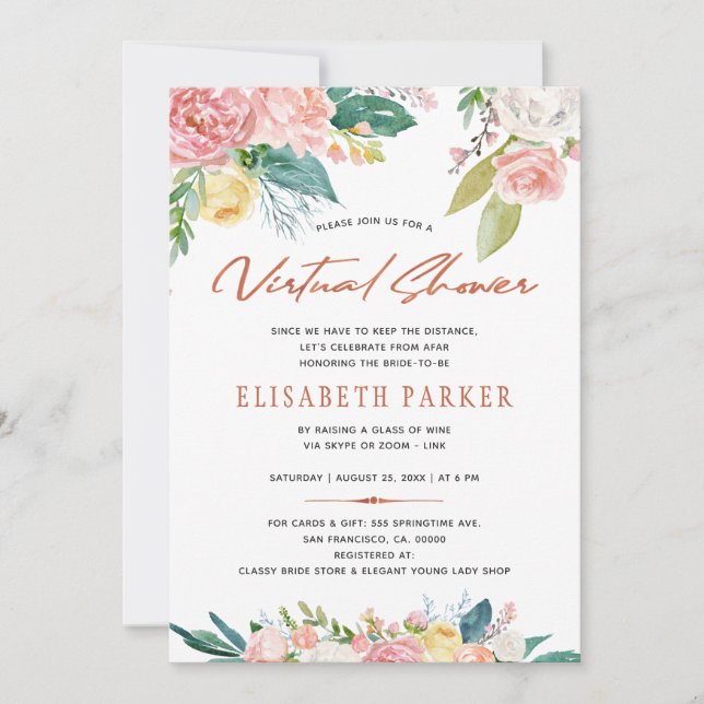 Invitación Planes de cambio ducha virtual floral rosa de novi (Anverso)