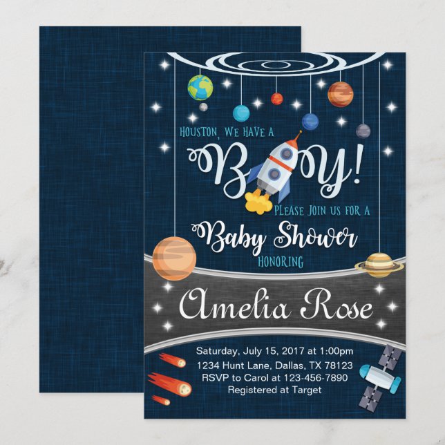 Invitación Planet Outer Space Baby Shower Invitation Boy (Anverso / Reverso)