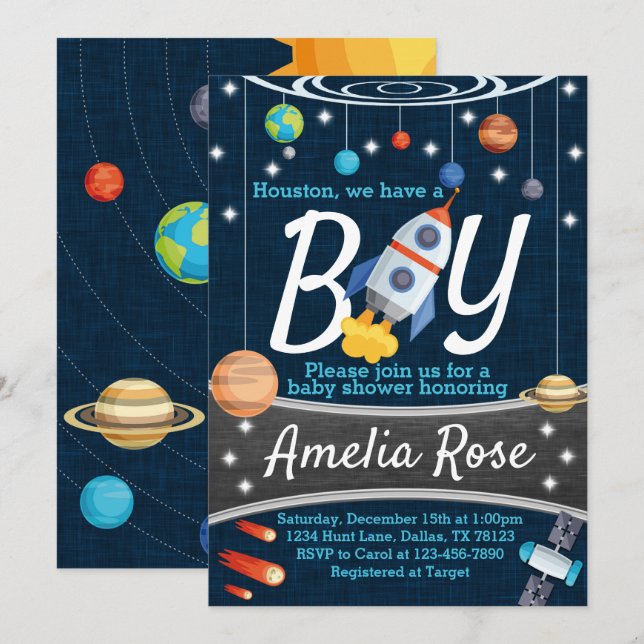 Invitación Planet Outer Space Baby Shower Invitation Boy (Anverso / Reverso)