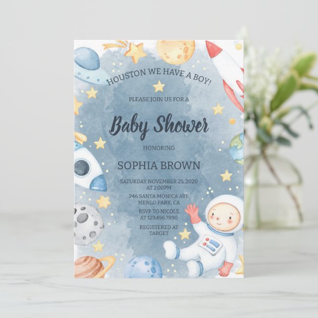 Invitación Planet Outer Space Baby Shower Invitation Boy (Anverso de pie)
