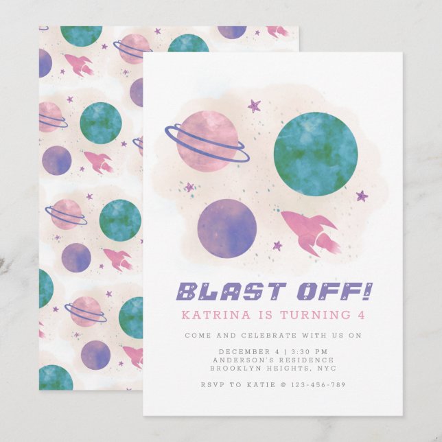 Invitación Planeta de Galaxia Girly - Espacio Ultraterrestre (Anverso / Reverso)