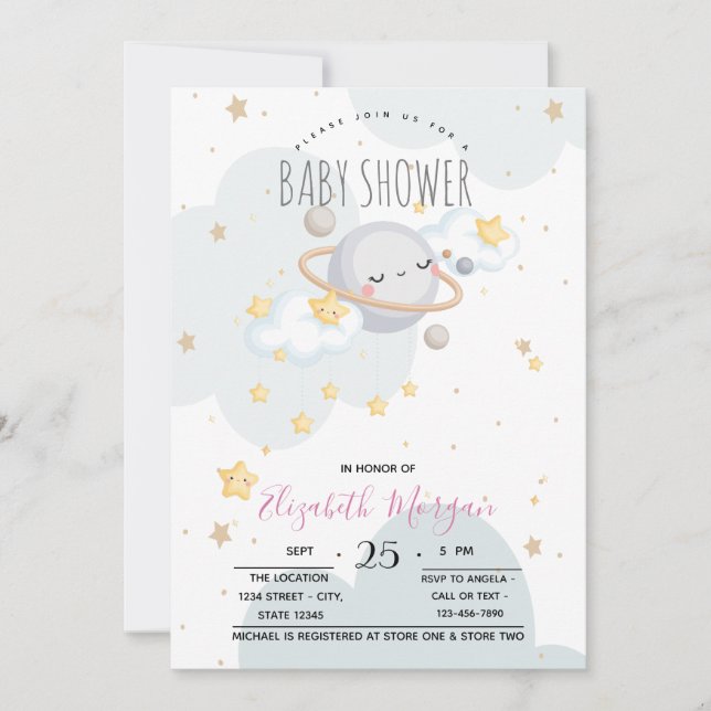 Invitación Planeta Estrellas Nubes Dulces Fiesta de Bebé  (Anverso)