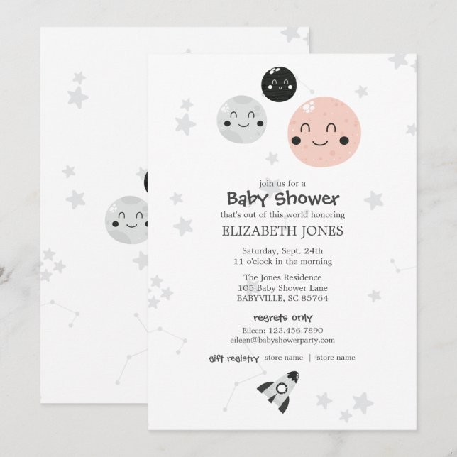 Invitación Planeta kawaii rosado y Baby Shower de lunas (Anverso / Reverso)