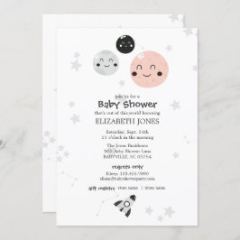 Invitación Planeta kawaii rosado y Baby Shower de lunas