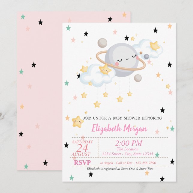 Invitación Planeta,Nubes, Estrellas,Fiestade Baby Shower   (Anverso / Reverso)