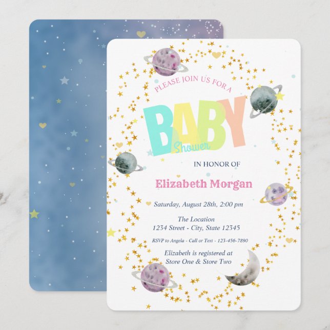 Invitación Planetas, Baby Shower de la galaxia de las estrell (Anverso / Reverso)