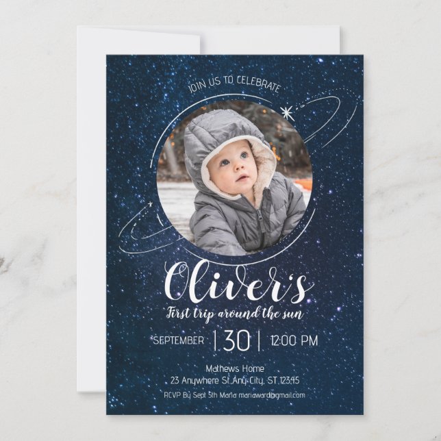 Invitación Planetas del espacio exterior 1er cumpleaños explo (Anverso)