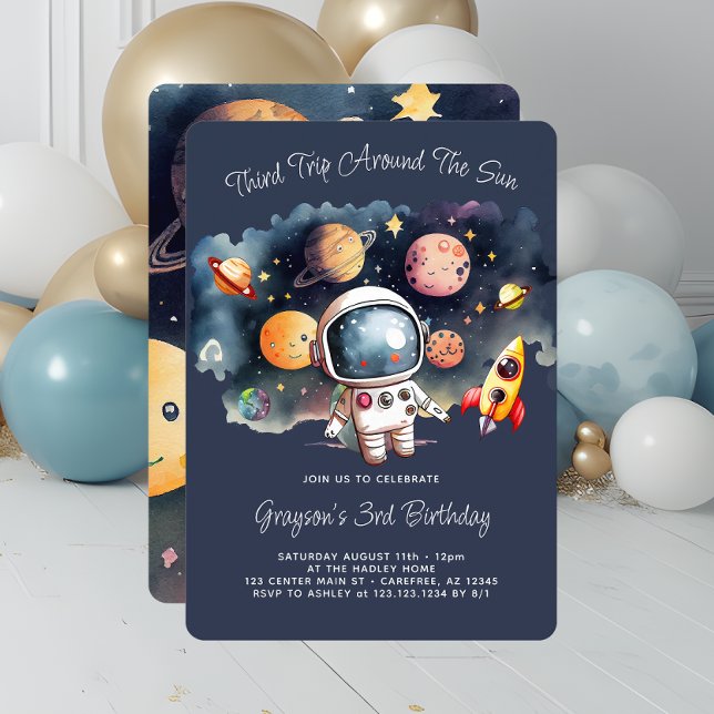 Invitación Planetas del espacio exterior azul tercer cumpleañ (Subido por el creador)
