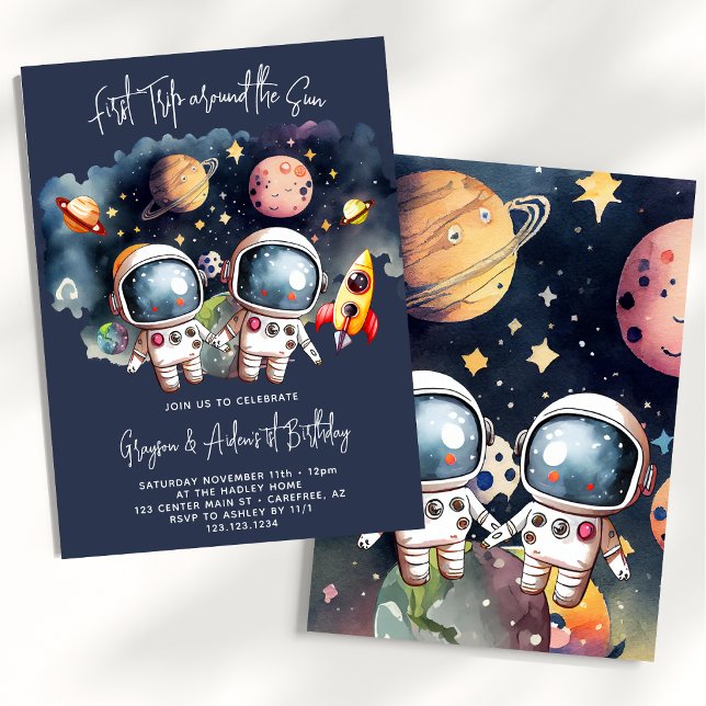 Invitación Planetas del Espacio Exterior Gemelos Cumpleaños 1 (Subido por el creador)
