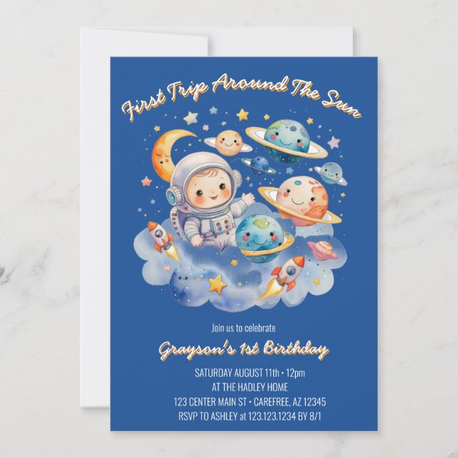 Invitación Planetas del espacio exterior primer cumpleaños az (Anverso)