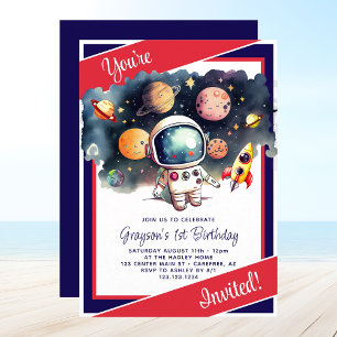 Invitación Planetas del Espacio Exterior Rojo Blanco Azul Cum