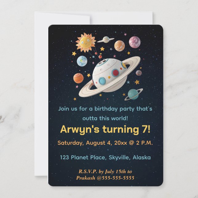 Invitación Planetas editables y cumpleaños nocturnos estrella (Anverso)