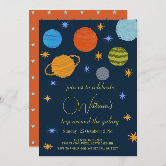 Invitación Planetas espaciales Galaxy Stars Boy Baby Shower (Anverso / Reverso)