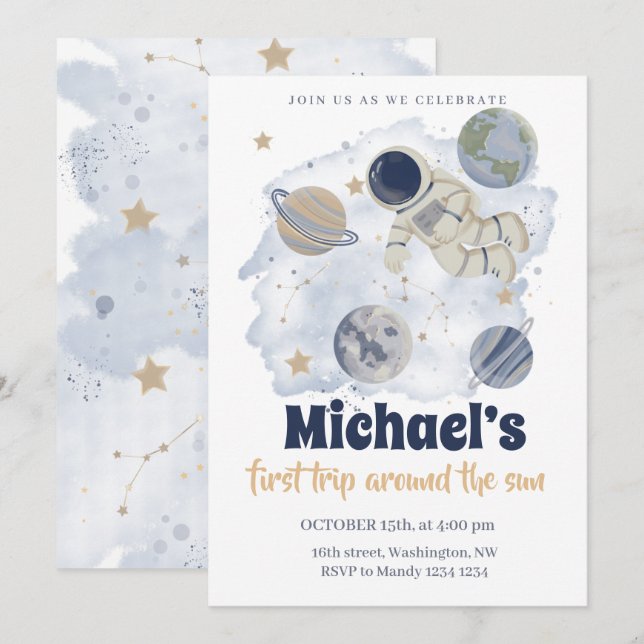 Invitación Planetas Espacio Ultraterrestre Galaxia Cumpleaños (Anverso / Reverso)