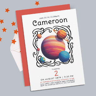 Invitación Planetas Luna Galaxia Espacio Exterior Dibujo Rojo