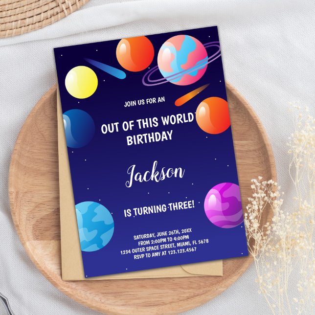 Invitación Planetas Niños del Espacio Ultraterrestre Invitado (Planets Birthday Invitations Purple)