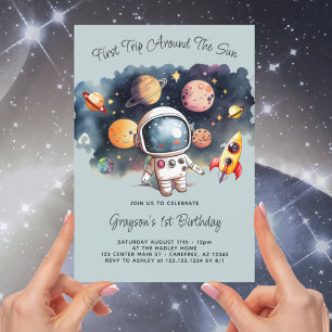 Invitación Planetas ultraespaciales Dusty Blue First Birday