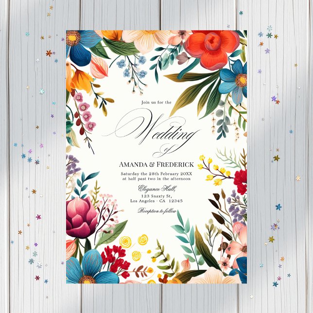 Invitación Planilla de fotografía Boda de Fiesta floral acuar (Watercolor Floral Fiesta Wedding Photo Invitation)