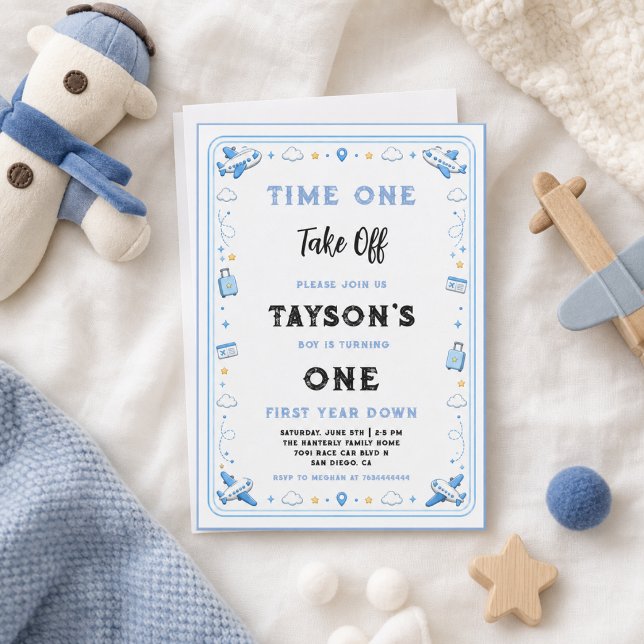 Invitación Plano Blanco Azul 1er Cumpleaños Momento Despegue  (Blue White Plane 1st Birthday Time One Take Off Invitation
)