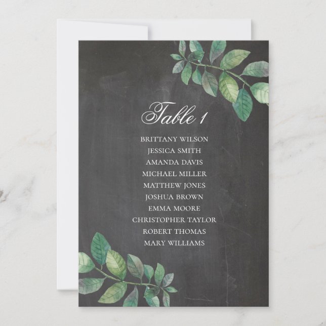 Invitación Plano de asientos de boda en pizarra. Hojas verdes (Anverso)