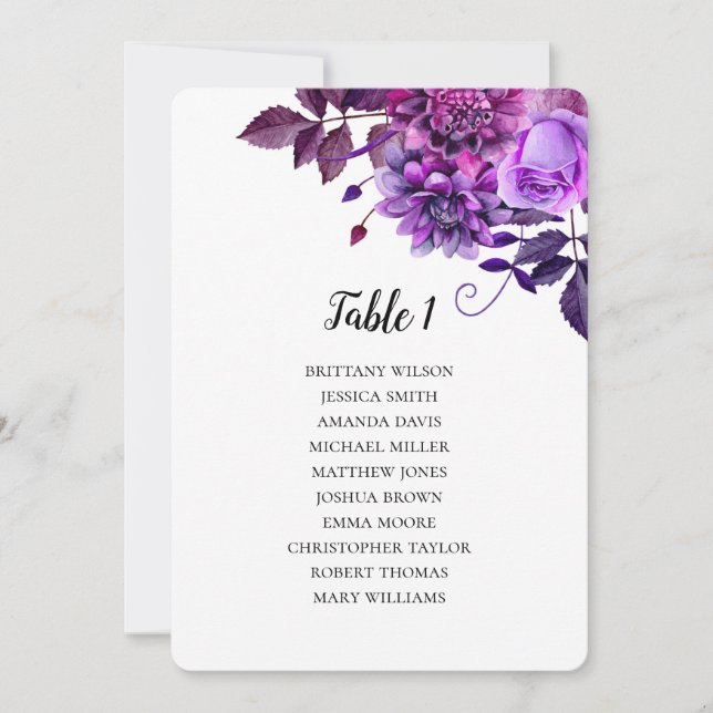 Invitación Plano de asientos de boda morado. Plan de mesa flo (Anverso)