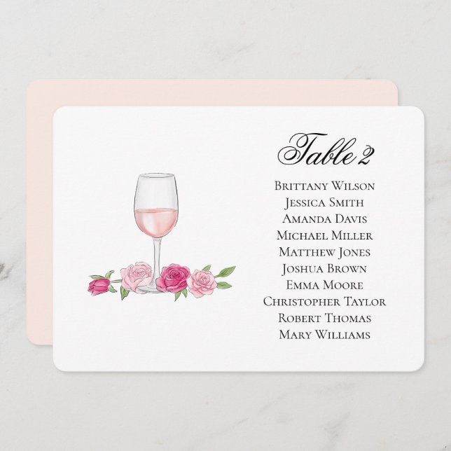Invitación Plano de asientos de rosas. Copa de vino. Boda flo (Anverso / Reverso)