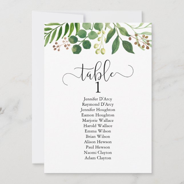 Invitación Plano de mesa boda de vegetación, caligrafía moder (Anverso)