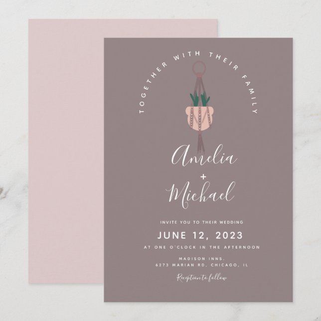 Invitación Planta de cactus moderna en macramé para boda botá (Anverso / Reverso)
