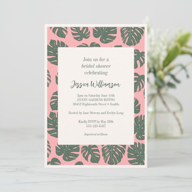 Invitación Planta Monstera Ducha Naranja Verde Rosa Botánica (Anverso de pie)