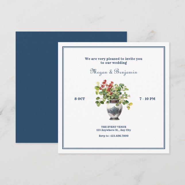 Invitación Plantas con boda de jarrón antiguo (Anverso / Reverso)
