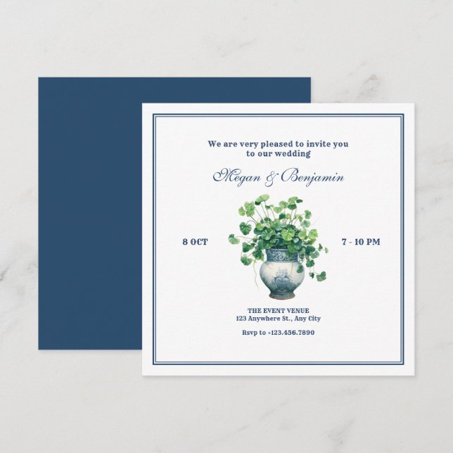 Invitación Plantas con boda de jarrón antiguo (Anverso / Reverso)