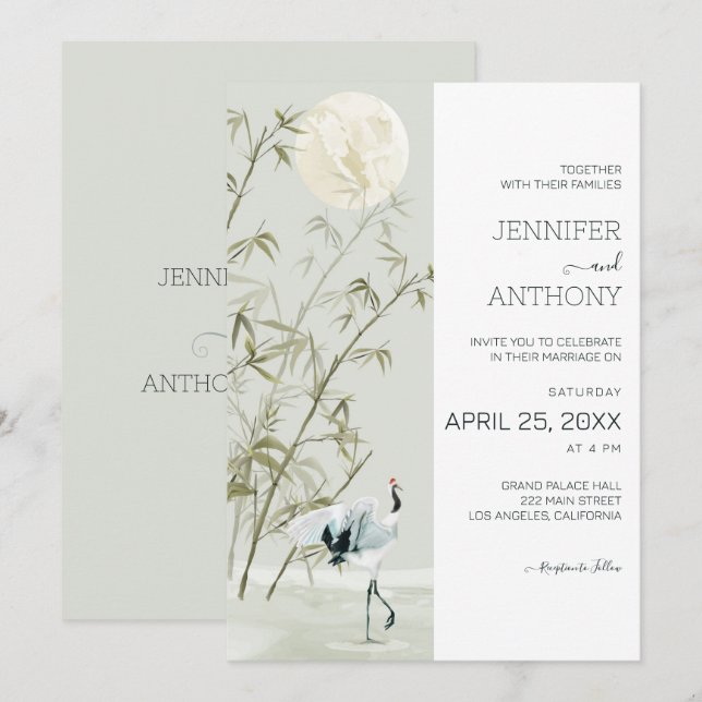 Invitación Plantas de bambú y Boda de grúa (Anverso / Reverso)