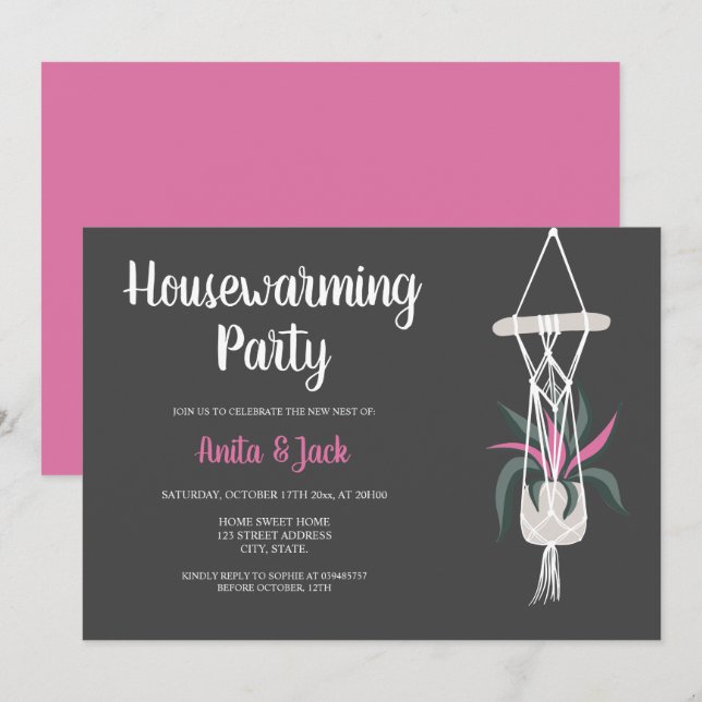 Invitación Plantas de casa boho flores gris rosa housewarming (Anverso / Reverso)