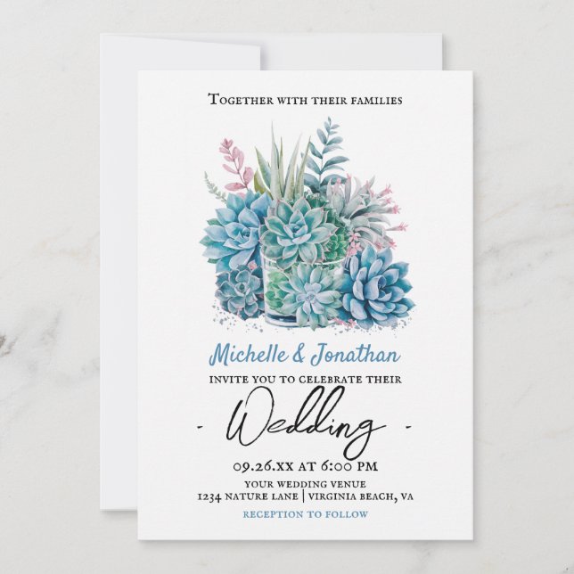 Invitación plantas suculentas boda de acuarela (Anverso)