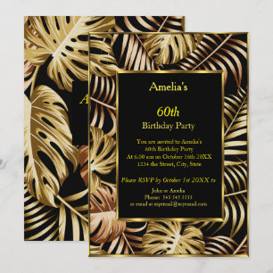 Invitación Plantas Tropical Gold fiesta de cumpleaños negra