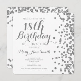 Invitación Plata 18 cumpleaños Purpurina de Faux Confetti Whi